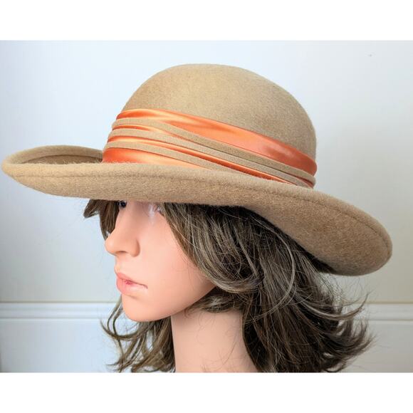 Vintage 1960s Sylvia Bollman Excello Wool Hat Camel w/ Orange Satin Band USA - Picture 5 of 13